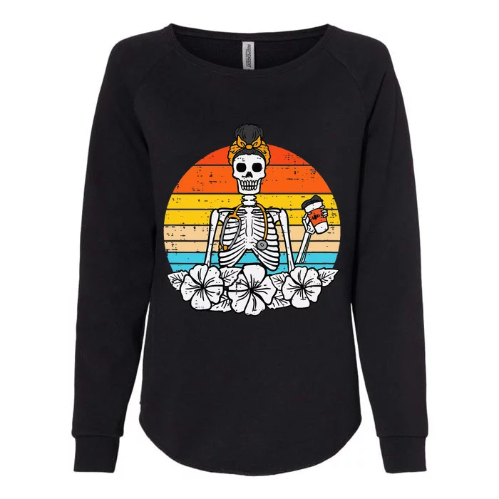 Retro Floral Skeleton Nurse Halloween Scrub Top Fall Womens California Wash Sweatshirt