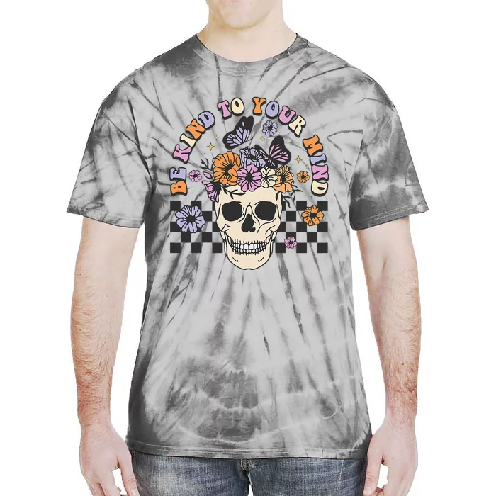 Retro Floral Skull Be Kind to Your Mind Awareness Tie-Dye T-Shirt