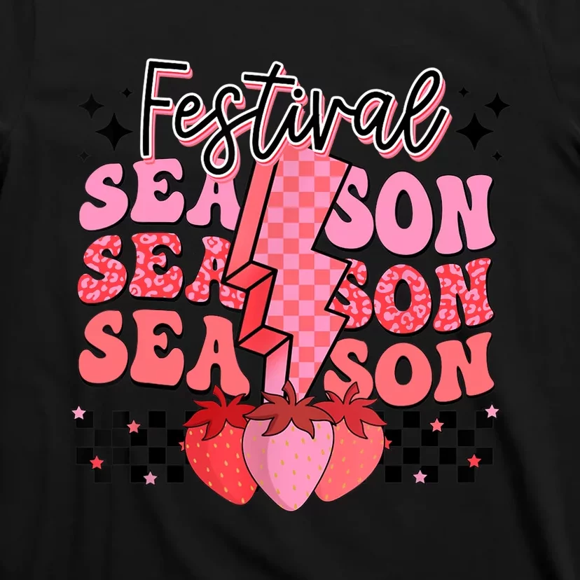 Retro Festival Season Strawberry Checkered Lightning Summer T-Shirt