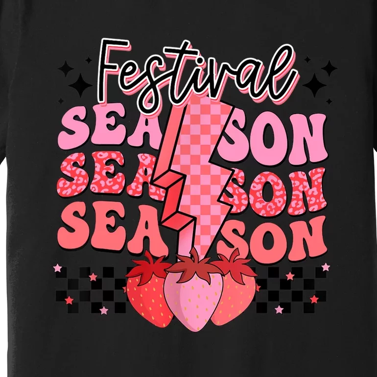 Retro Festival Season Strawberry Checkered Lightning Summer Premium T-Shirt