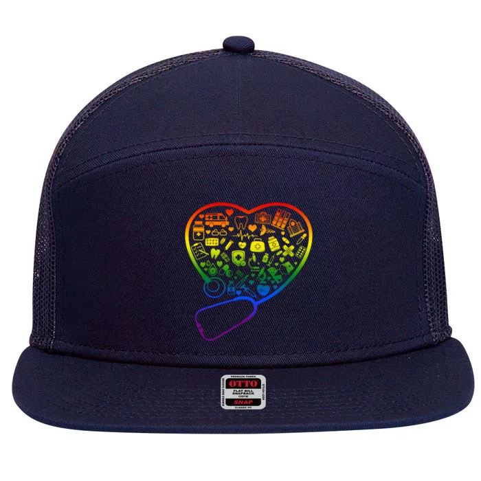 Rainbow Flag Stethoscope Heart Nurse Doctor Lgbt Ally Pride Funny Gift 7 Panel Mesh Trucker Snapback Hat