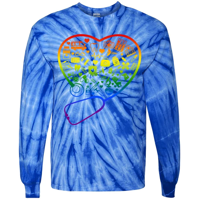 Rainbow Flag Stethoscope Heart Nurse Doctor Lgbt Ally Pride Gift Tie-Dye Long Sleeve Shirt