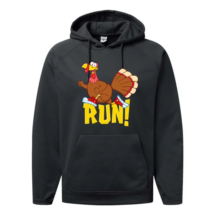 Run! Funny Thanksgiving Running 5k Race Turkey Trot Performance Fleece Hoodie