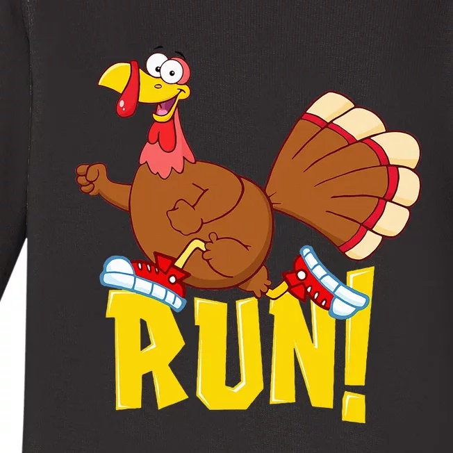 Run! Funny Thanksgiving Running 5k Race Turkey Trot Baby Long Sleeve Bodysuit