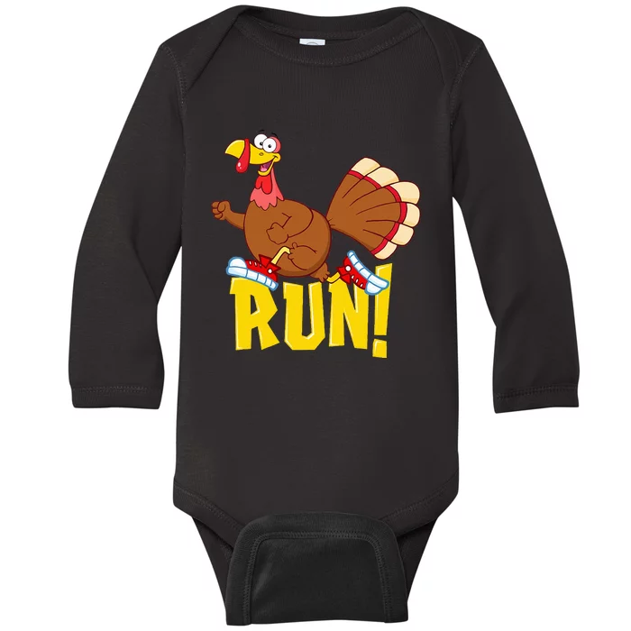 Run! Funny Thanksgiving Running 5k Race Turkey Trot Baby Long Sleeve Bodysuit