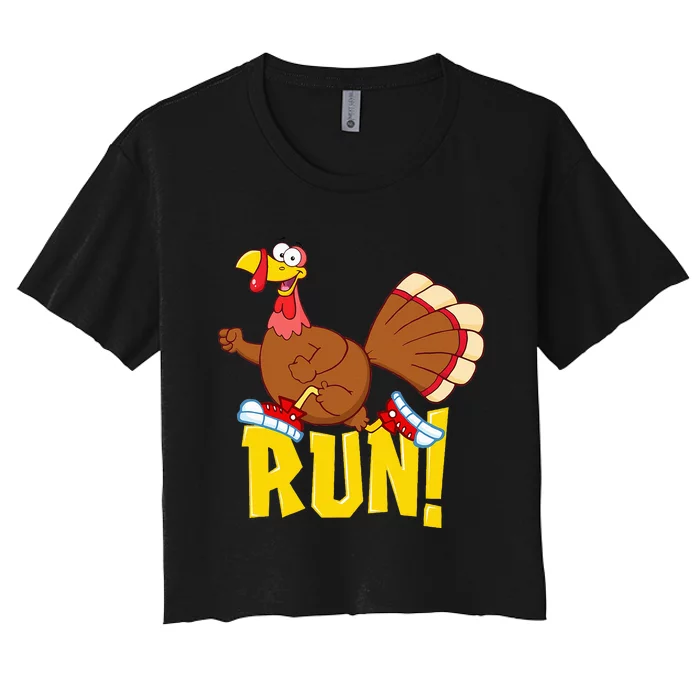 Run! Funny Thanksgiving Running 5k Race Turkey Trot Women's Crop Top Tee