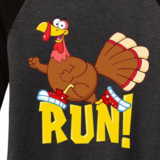 Run! Funny Thanksgiving Running 5k Race Turkey Trot Women's Tri-Blend 3/4-Sleeve Raglan Shirt