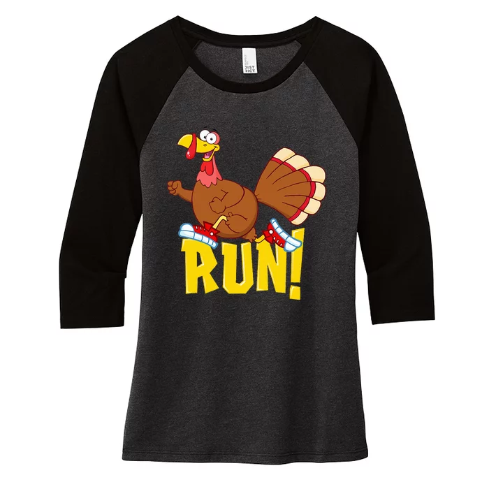 Run! Funny Thanksgiving Running 5k Race Turkey Trot Women's Tri-Blend 3/4-Sleeve Raglan Shirt