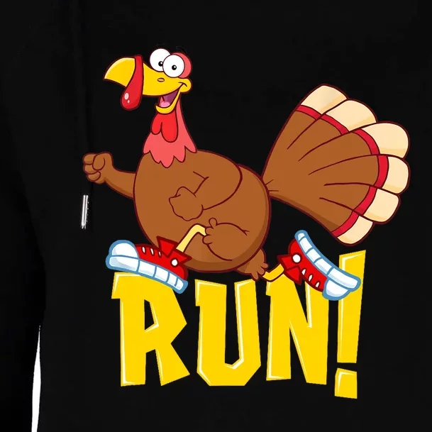 Run! Funny Thanksgiving Running 5k Race Turkey Trot Womens Funnel Neck Pullover Hood