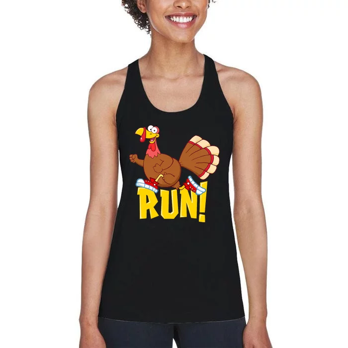 Run! Funny Thanksgiving Running 5k Race Turkey Trot Women's Racerback Tank