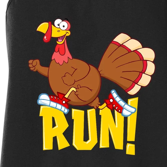 Run! Funny Thanksgiving Running 5k Race Turkey Trot Women's Racerback Tank