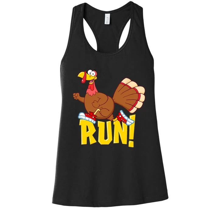 Run! Funny Thanksgiving Running 5k Race Turkey Trot Women's Racerback Tank