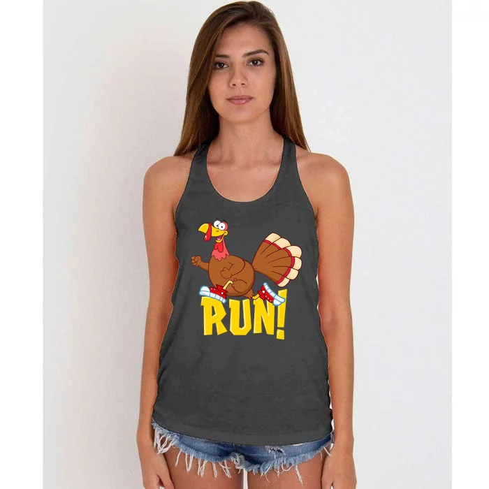 Run! Funny Thanksgiving Running 5k Race Turkey Trot Women's Knotted Racerback Tank