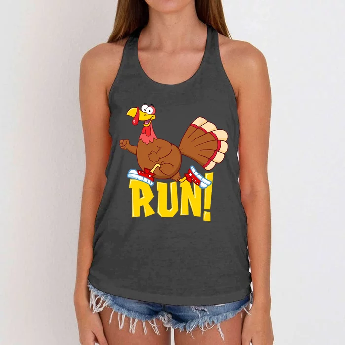 Run! Funny Thanksgiving Running 5k Race Turkey Trot Women's Knotted Racerback Tank