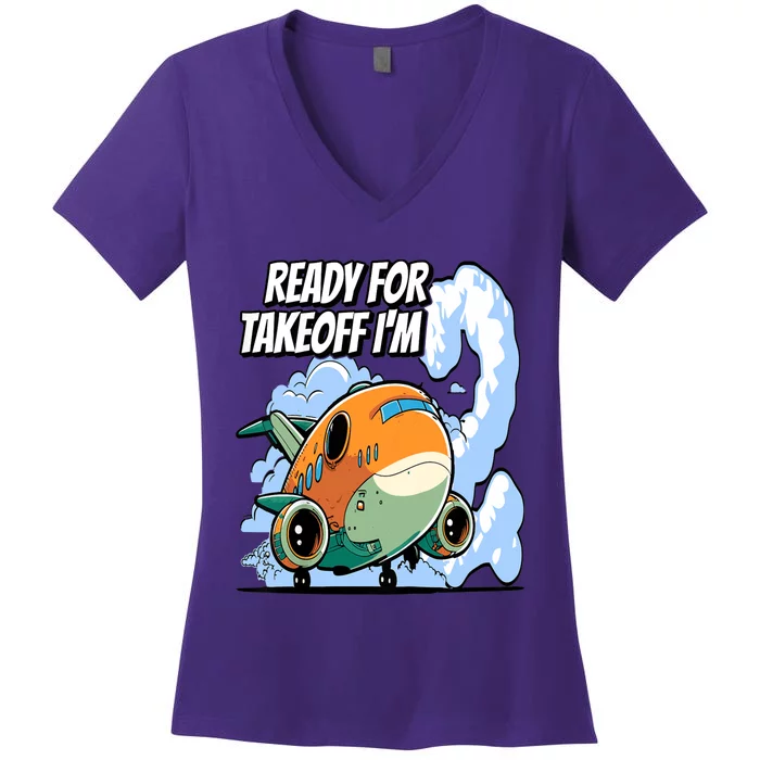 Ready For Takeoff I'm 2 2nd Birthday Airplane Theme Women's V-Neck T-Shirt