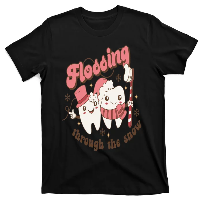 Retro Flossing Through The Snow Dentist Dental Christmas T-Shirt