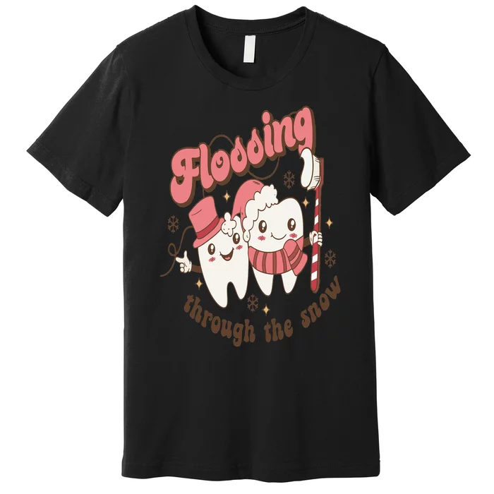 Retro Flossing Through The Snow Dentist Dental Christmas Premium T-Shirt