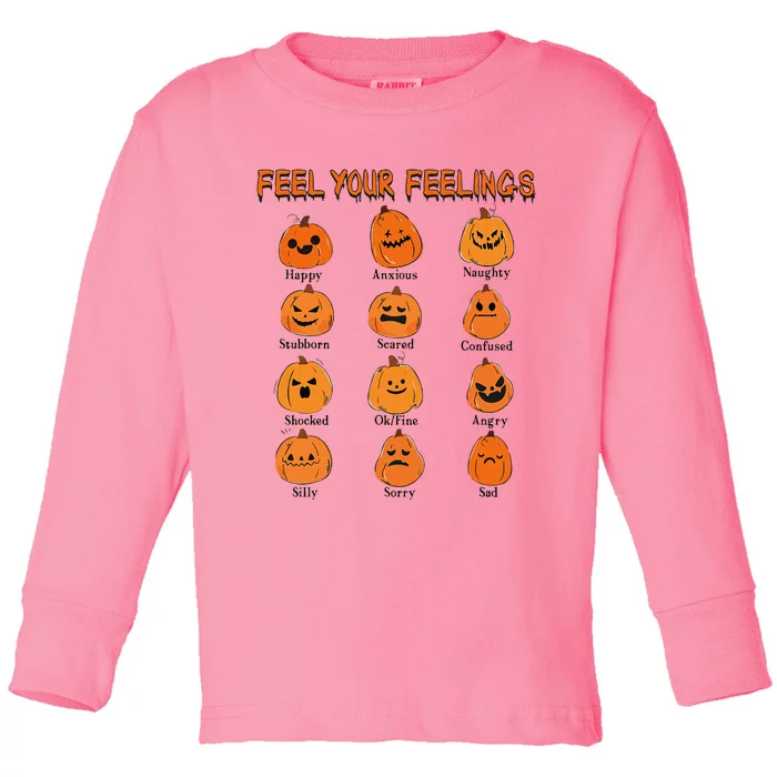 Retro Feel Your Feeling Halloween Pumpkin Face Expressions Toddler Long Sleeve Shirt