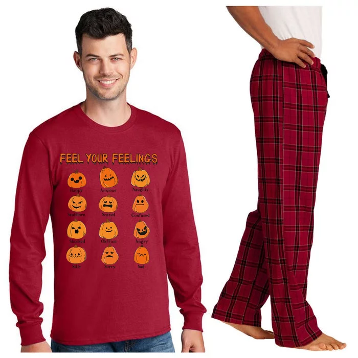 Retro Feel Your Feeling Halloween Pumpkin Face Expressions Long Sleeve Pajama Set