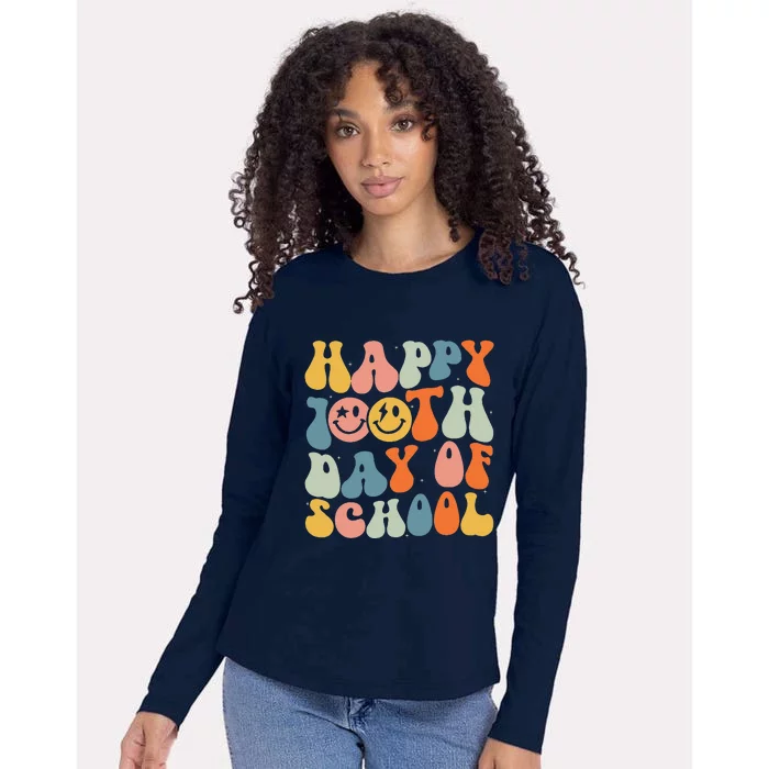 Retro Groovy 100 Days Happy 100th Day Of School Teacher Womens Cotton Relaxed Long Sleeve T-Shirt