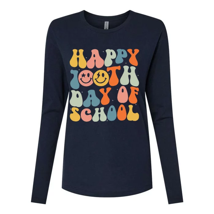 Retro Groovy 100 Days Happy 100th Day Of School Teacher Womens Cotton Relaxed Long Sleeve T-Shirt