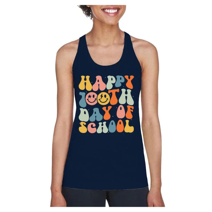 Retro Groovy 100 Days Happy 100th Day Of School Teacher Women's Racerback Tank