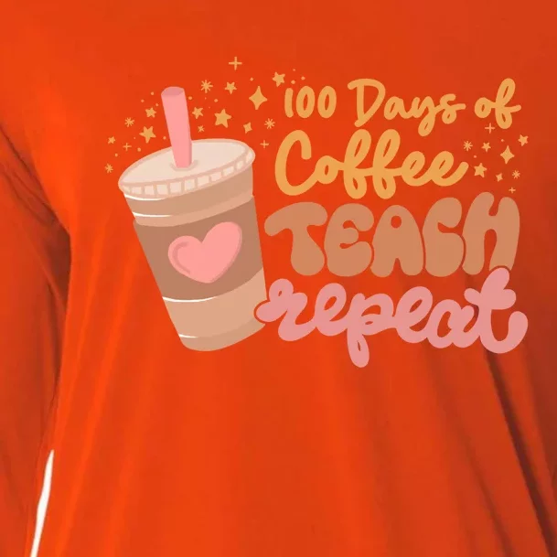 Retro Groovy 100 Days Of Coffee Teach Repeat Teacher Class Gift Cooling Performance Long Sleeve Crew