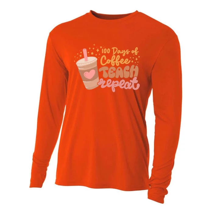 Retro Groovy 100 Days Of Coffee Teach Repeat Teacher Class Gift Cooling Performance Long Sleeve Crew