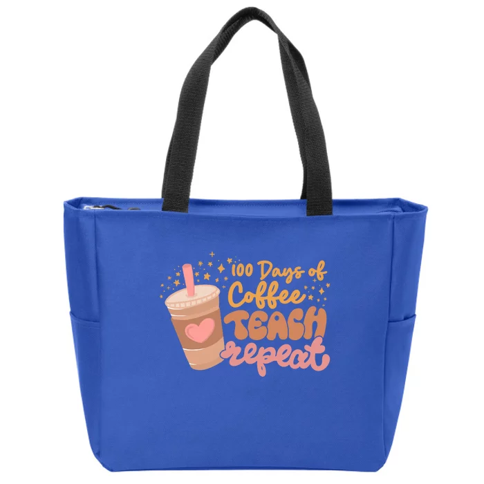 Retro Groovy 100 Days Of Coffee Teach Repeat Teacher Class Gift Zip Tote Bag