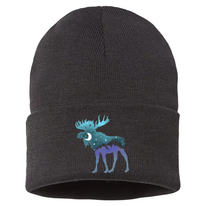 Retro Graphic Artistic Moose Night Sky Moon & Stars Sustainable Knit Beanie