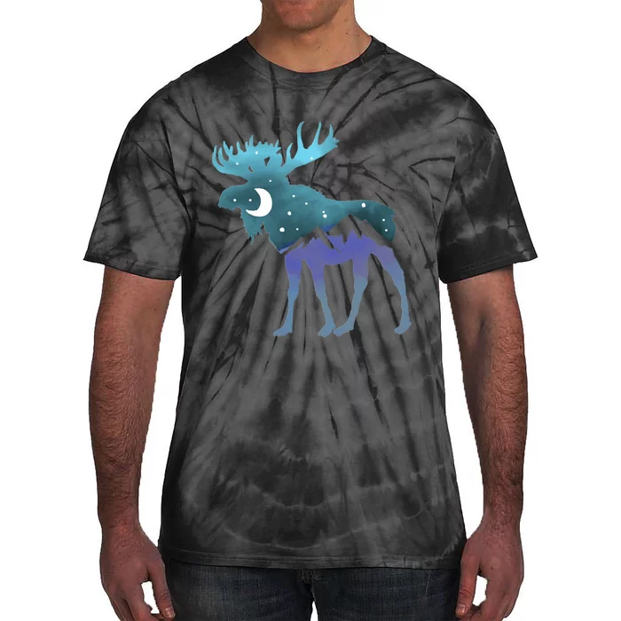 Retro Graphic Artistic Moose Night Sky Moon & Stars Tie-Dye T-Shirt