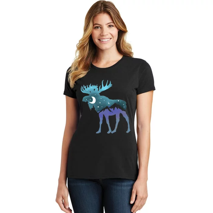 Retro Graphic Artistic Moose Night Sky Moon & Stars Women's T-Shirt