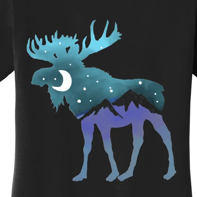 Retro Graphic Artistic Moose Night Sky Moon & Stars Women's T-Shirt