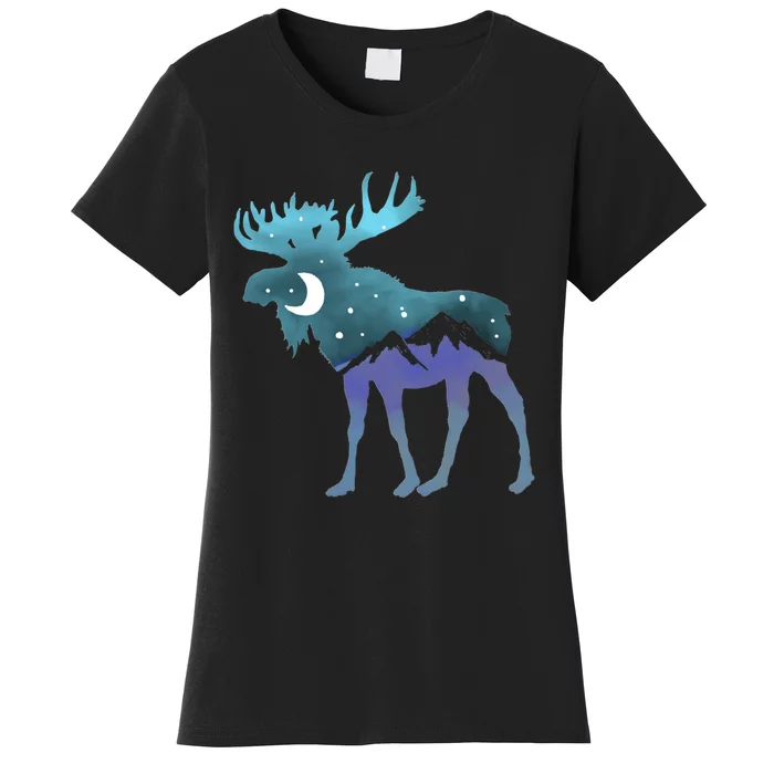 Retro Graphic Artistic Moose Night Sky Moon & Stars Women's T-Shirt