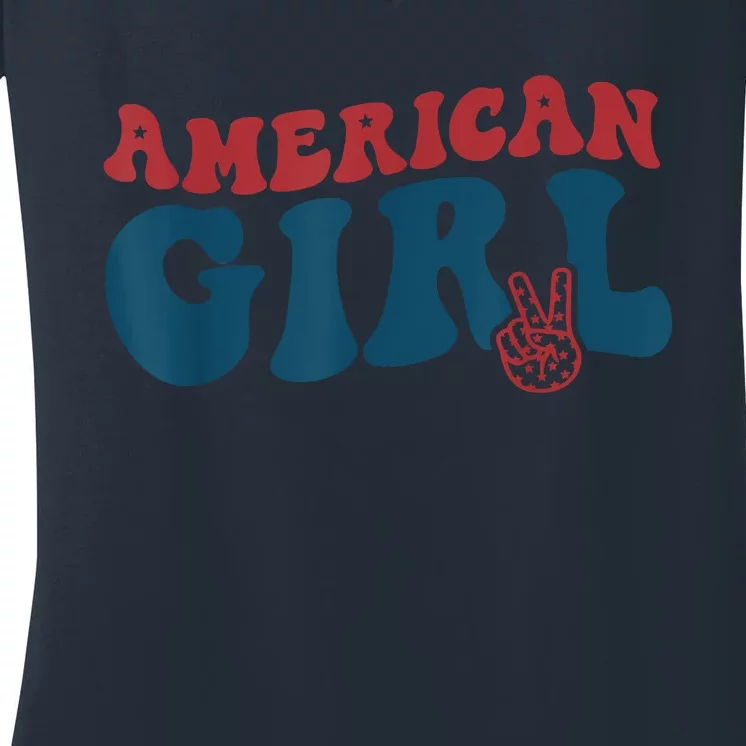 Retro Groovy All American Fourth 4th Of July Patriotic Women's V-Neck T-Shirt