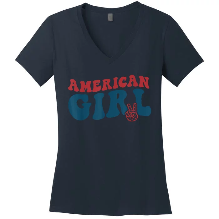 Retro Groovy All American Fourth 4th Of July Patriotic Women's V-Neck T-Shirt