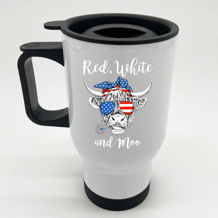 Redfunny Giftwhite And Moo Usa Flag 4th Of July Patriotic Cow Lovers Gift Front & Back Stainless Steel Travel Mug