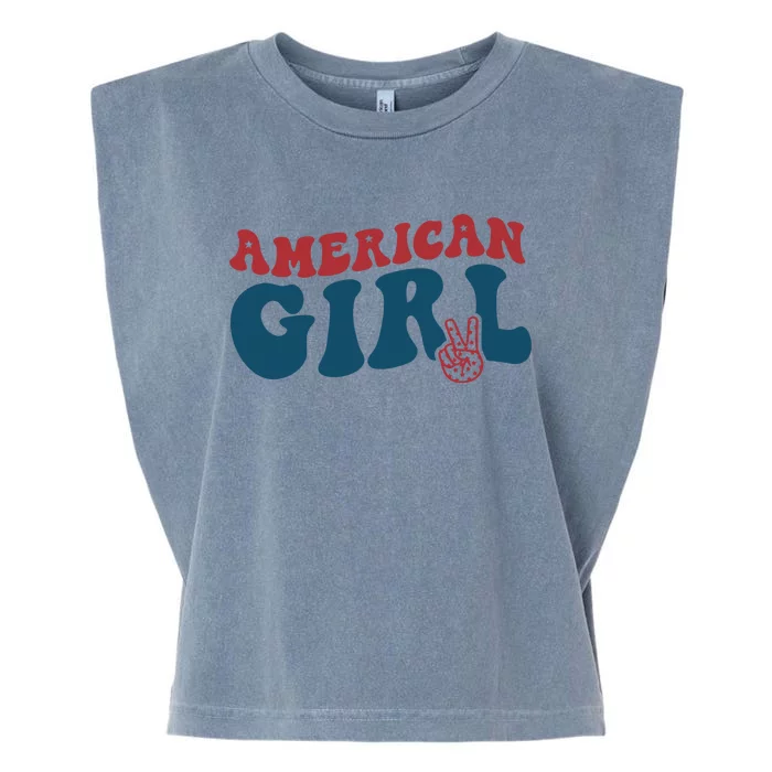 Retro Groovy All American Girl Fourth 4th Of July Patriotic Garment-Dyed Women's Muscle Tee