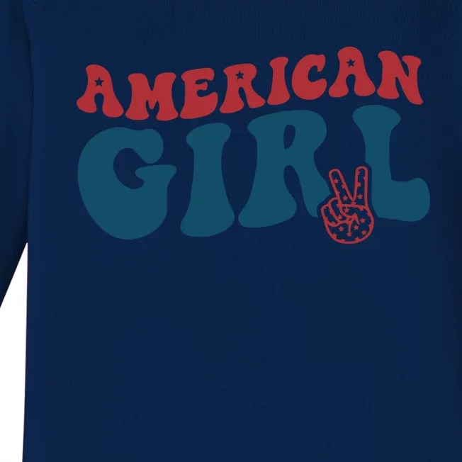 Retro Groovy All American Girl Fourth 4th Of July Patriotic Baby Long Sleeve Bodysuit