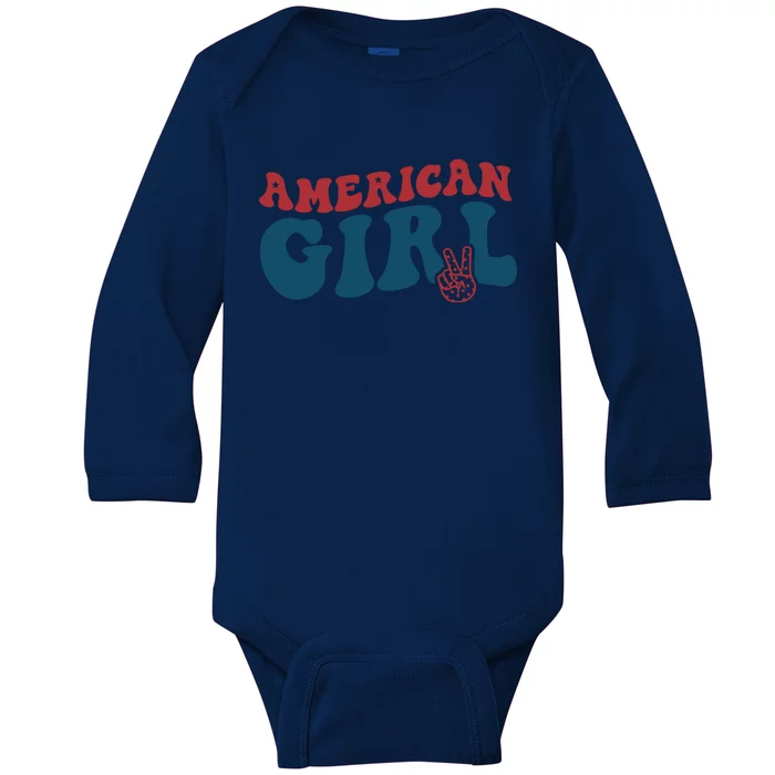 Retro Groovy All American Girl Fourth 4th Of July Patriotic Baby Long Sleeve Bodysuit