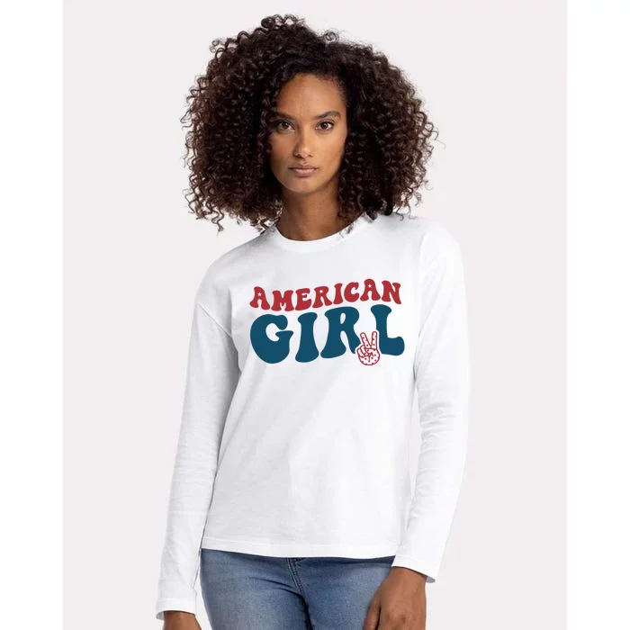 Retro Groovy All American Girl Fourth 4th Of July Patriotic Womens Cotton Relaxed Long Sleeve T-Shirt