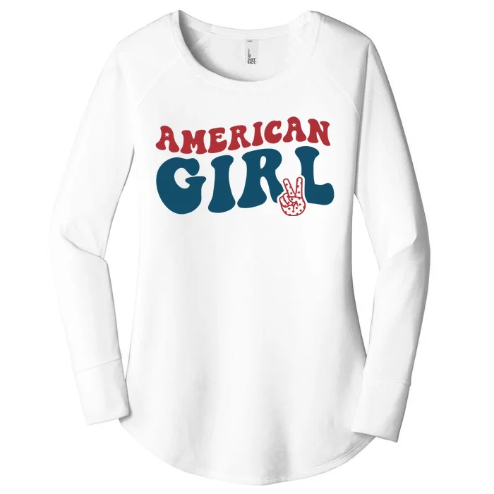 Retro Groovy All American Girl Fourth 4th Of July Patriotic Women's Perfect Tri Tunic Long Sleeve Shirt