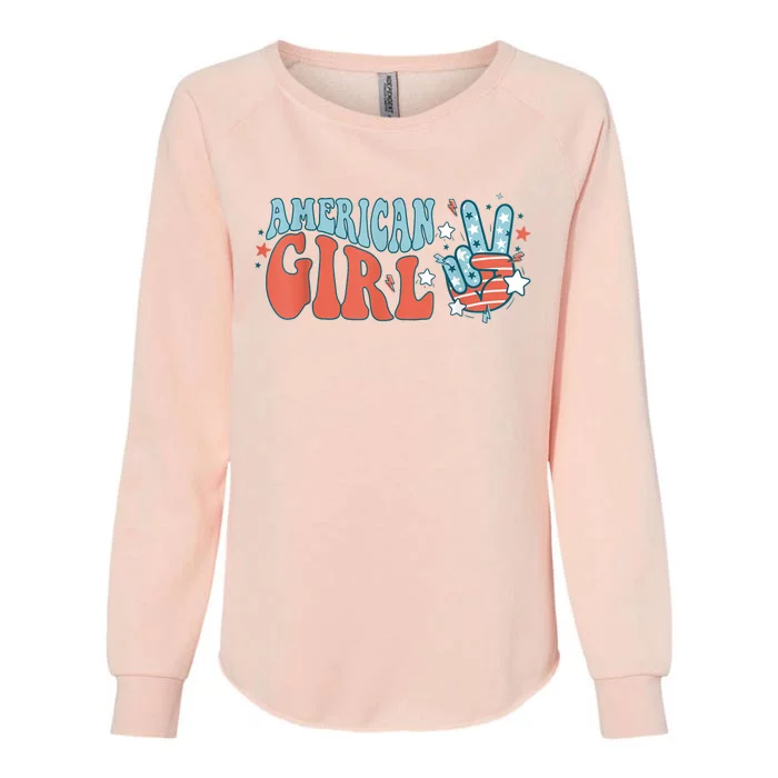 Retro Groovy American Girl Peace Hand 4th Of July Patriotic Womens California Wash Sweatshirt