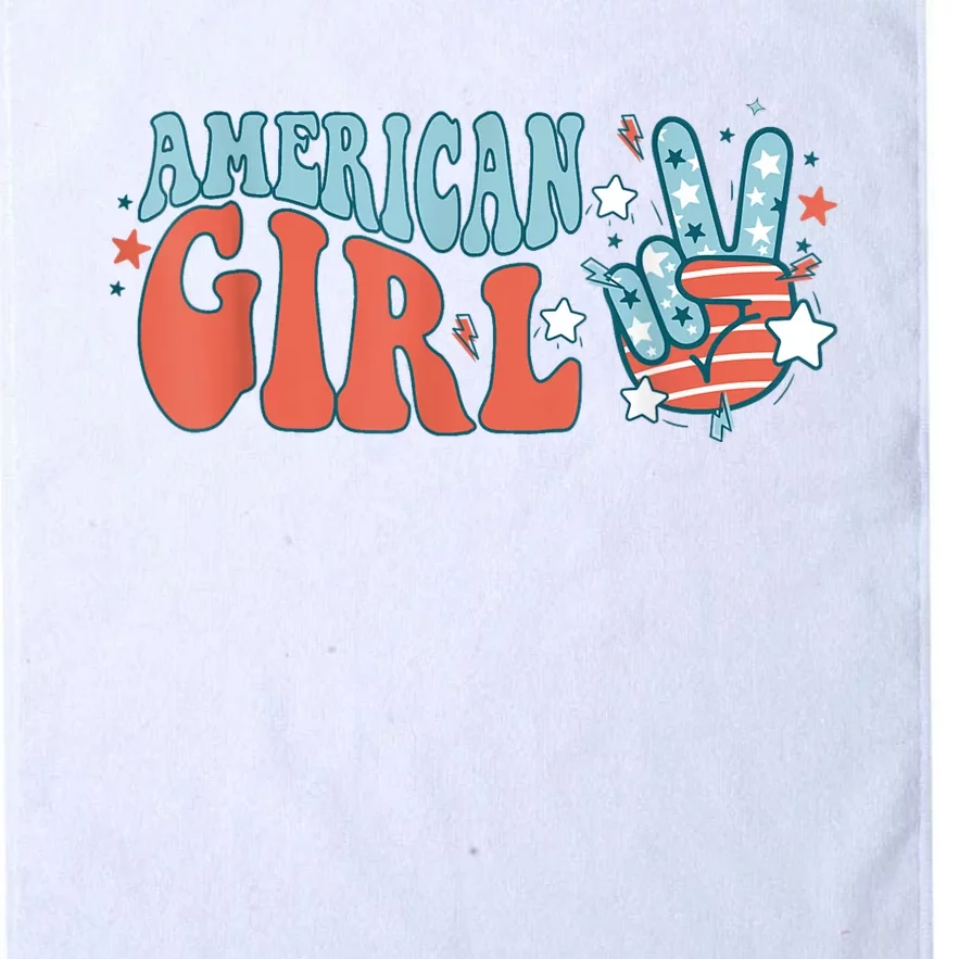 Retro Groovy American Girl Peace Hand 4th Of July Patriotic Platinum Collection Golf Towel