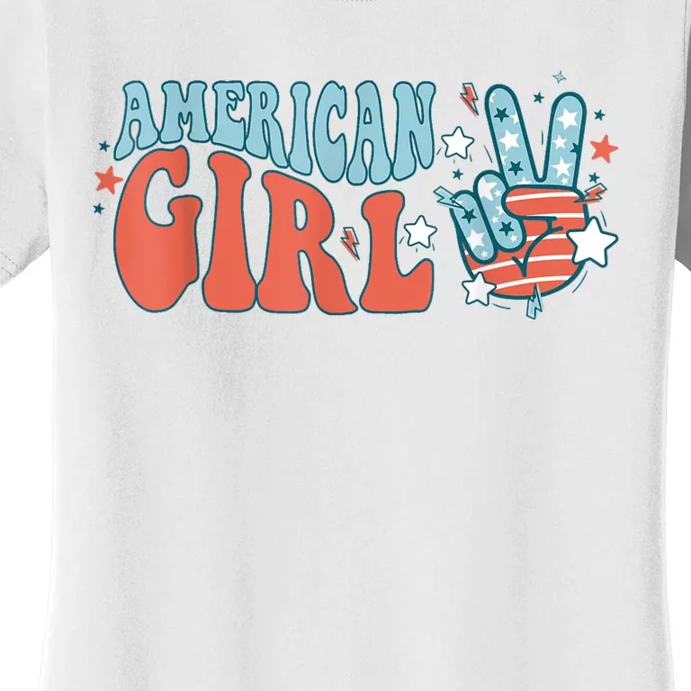 Retro Groovy American Girl Peace Hand 4th Of July Patriotic Women's T-Shirt