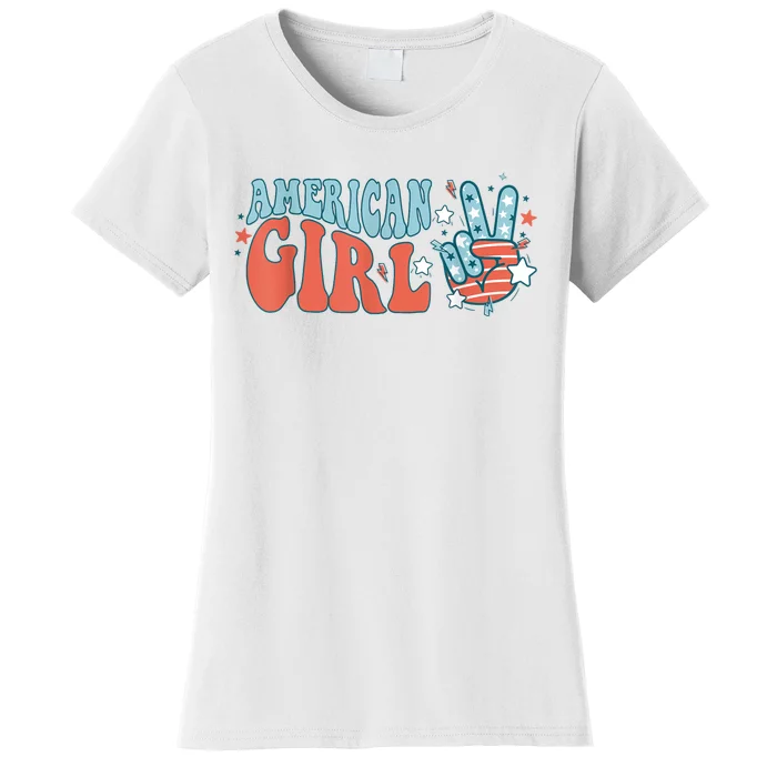 Retro Groovy American Girl Peace Hand 4th Of July Patriotic Women's T-Shirt