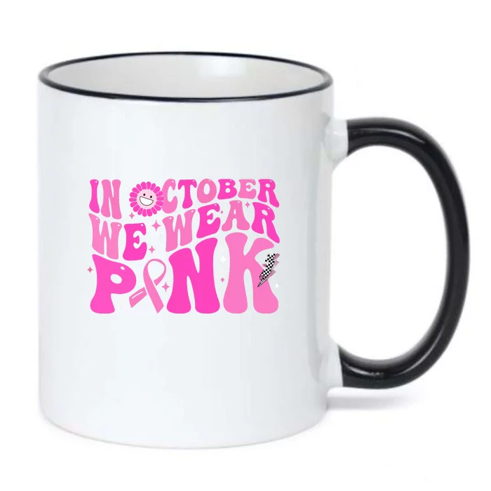 Retro Groovy Breast Cancer Awareness In October We Wear Pink Gift Black Color Changing Mug