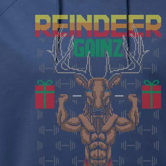 Reindeer Gainz Brodolf Ugly Christmas Sweater Gym Workout Great Gift Performance Fleece Hoodie