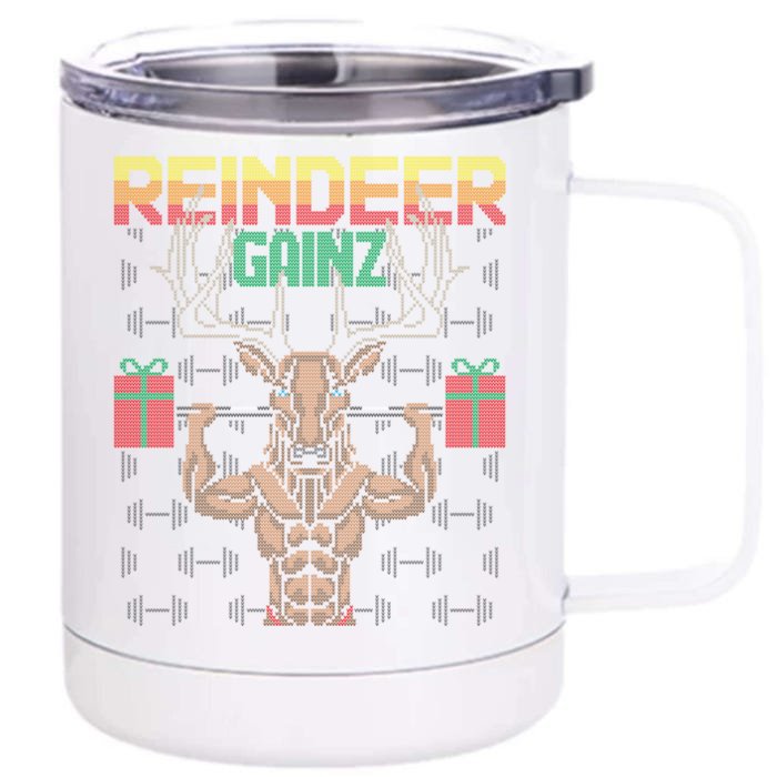 Reindeer Gainz Brodolf Ugly Christmas Sweater Gym Workout Great Gift Front & Back 12oz Stainless Steel Tumbler Cup