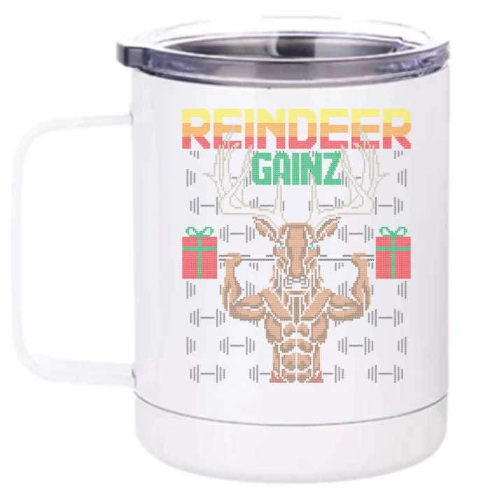 Reindeer Gainz Brodolf Ugly Christmas Sweater Gym Workout Great Gift Front & Back 12oz Stainless Steel Tumbler Cup